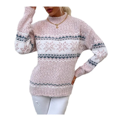 Women’s Pullover Sweater – Wool Knit – Relaxed Fit – Snowflake Pattern – High Neck