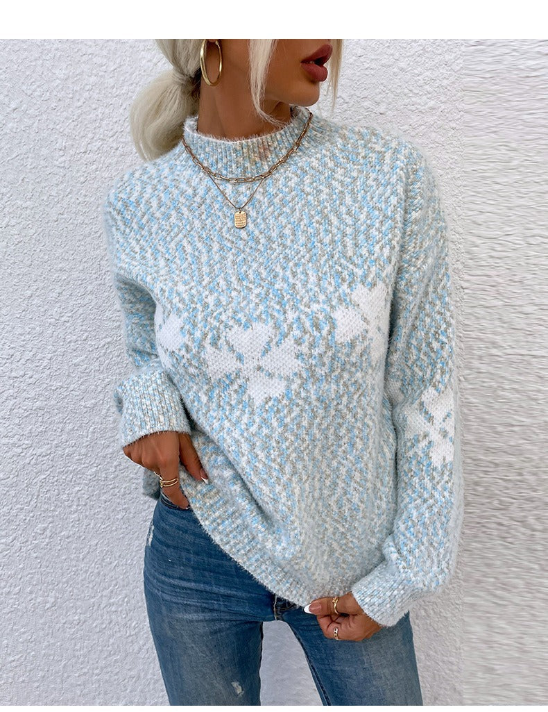 Women’s Sweater – Wool Knit – Relaxed Fit – High Neck – Floral Pattern – Long Sleeve