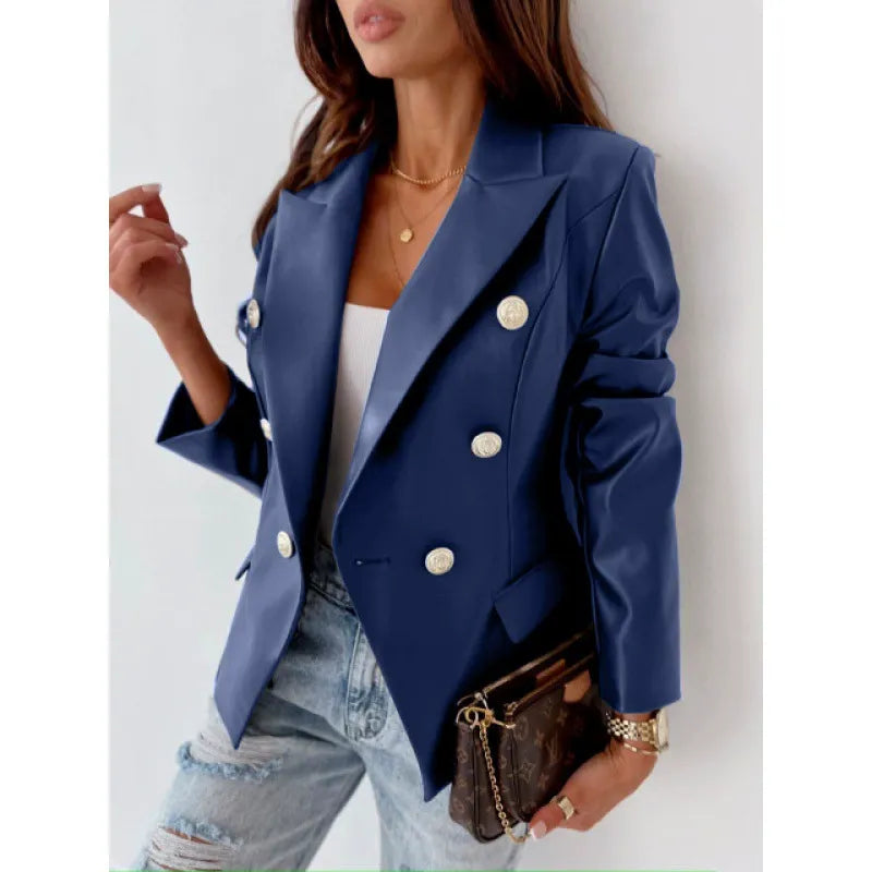 Women’s Blazer – Faux Leather – Tailored Fit – Double-Breasted – Padded Shoulders