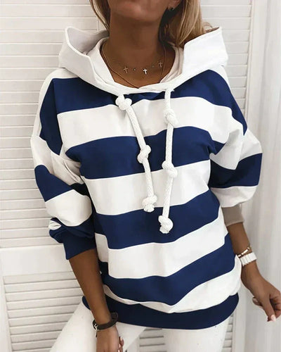 Women’s Hooded Sweatshirt – Oversized Fit – Jersey Knit – Striped – Knotted Drawstring