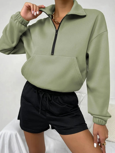 Women’s Sweater – Fleece Lined – Loose Fit – Zip Front – Stand Collar – Kangaroo Pocket