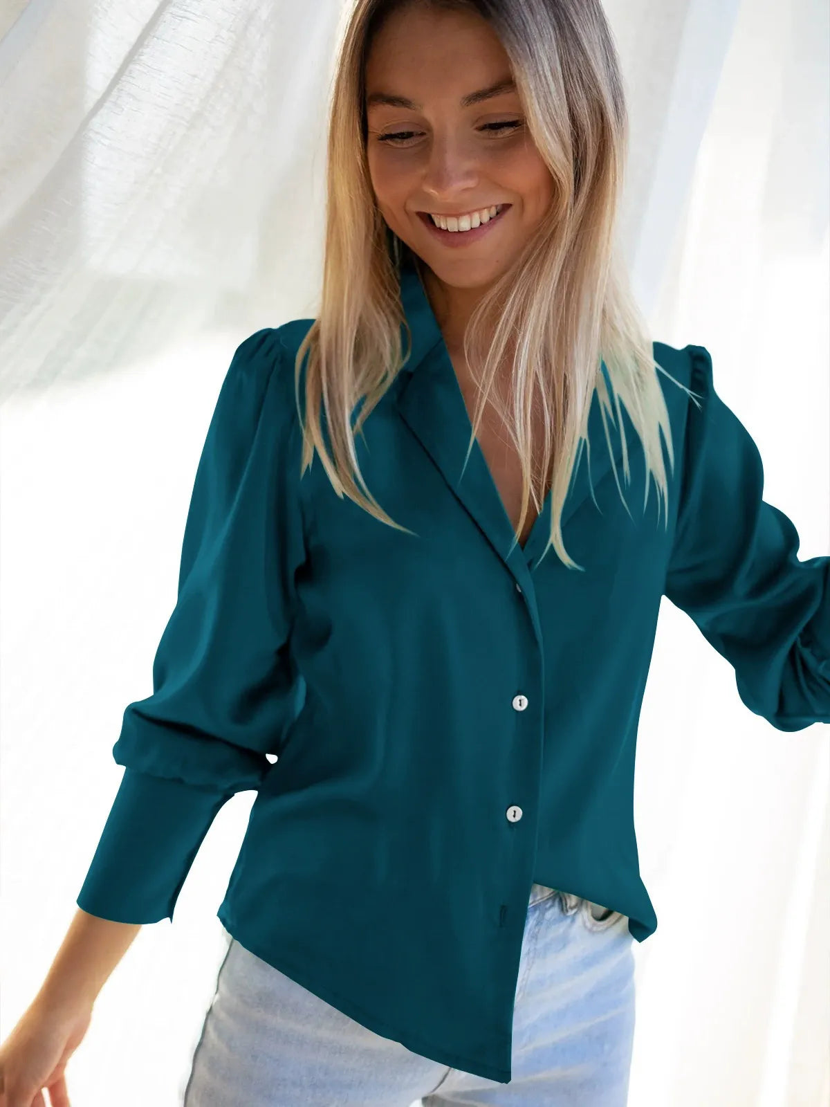 Women’s Blouse – Relaxed Fit – Button Down – Long Sleeve – Soft Draping Silk