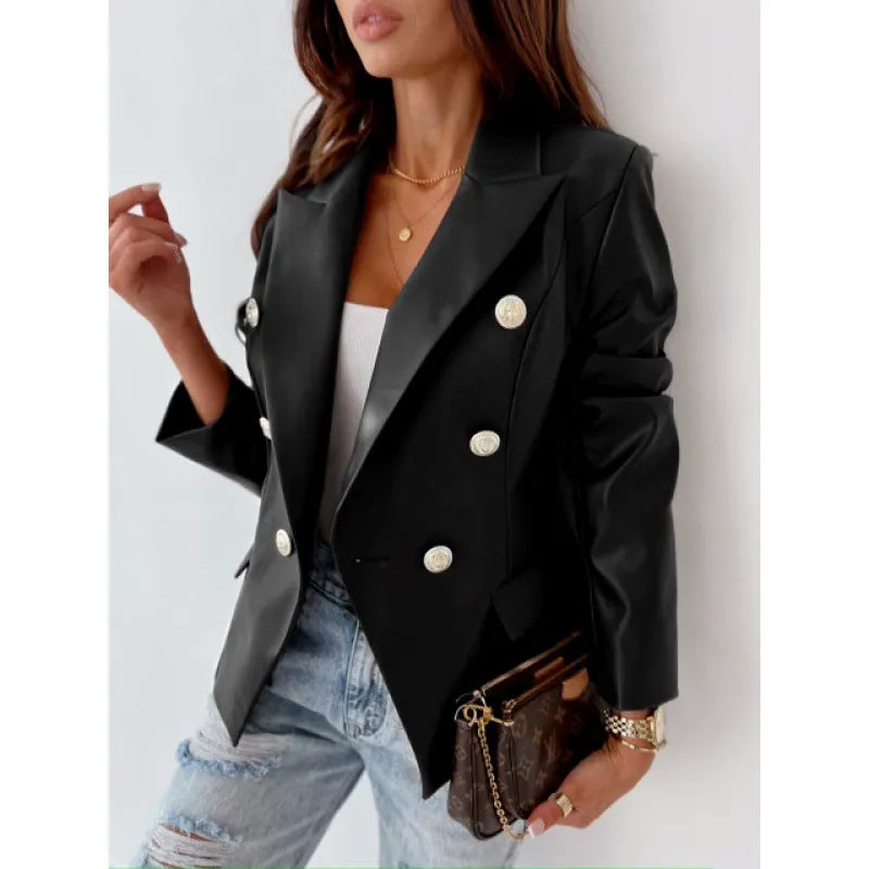 Women’s Blazer – Faux Leather – Tailored Fit – Double-Breasted – Padded Shoulders