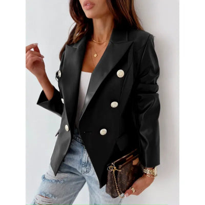 Women’s Blazer – Faux Leather – Tailored Fit – Double-Breasted – Padded Shoulders