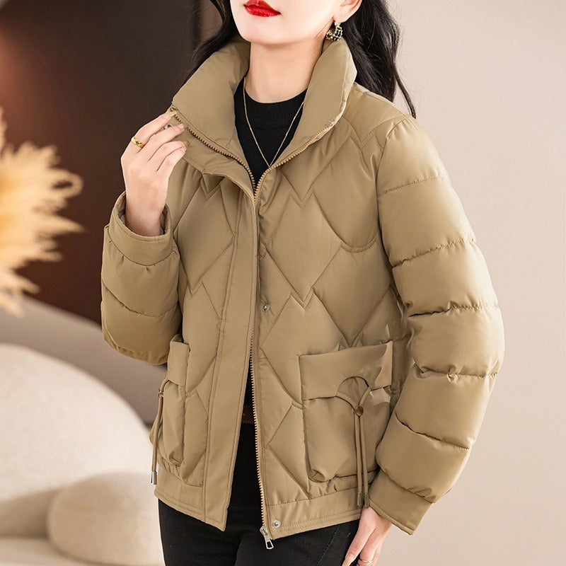Women’s Padded Jacket – Quilted Design – Relaxed Fit – High Collar – Zip and Snap Closure