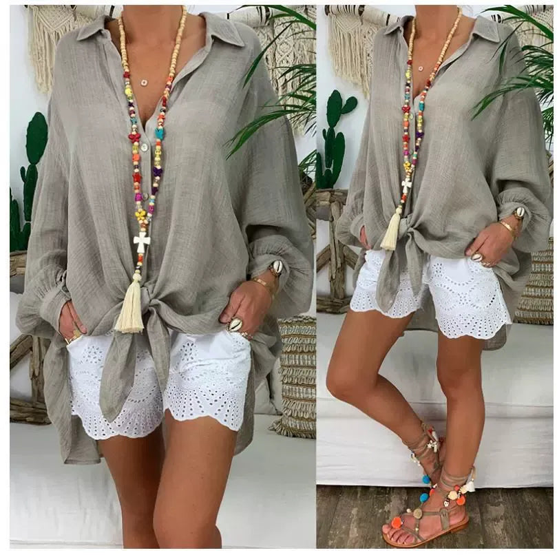 Women’s Blouse – Oversized Fit – Button Up – Long Sleeve – Cotton Linen – Tunic Style