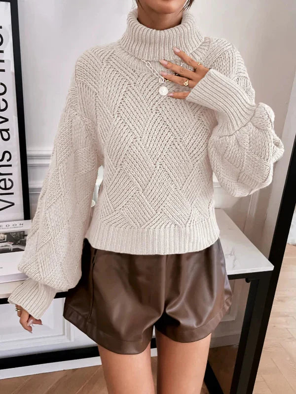 Women’s Pullover Sweater – Wool Knit – Oversized Fit – Turtleneck – Lantern Sleeve
