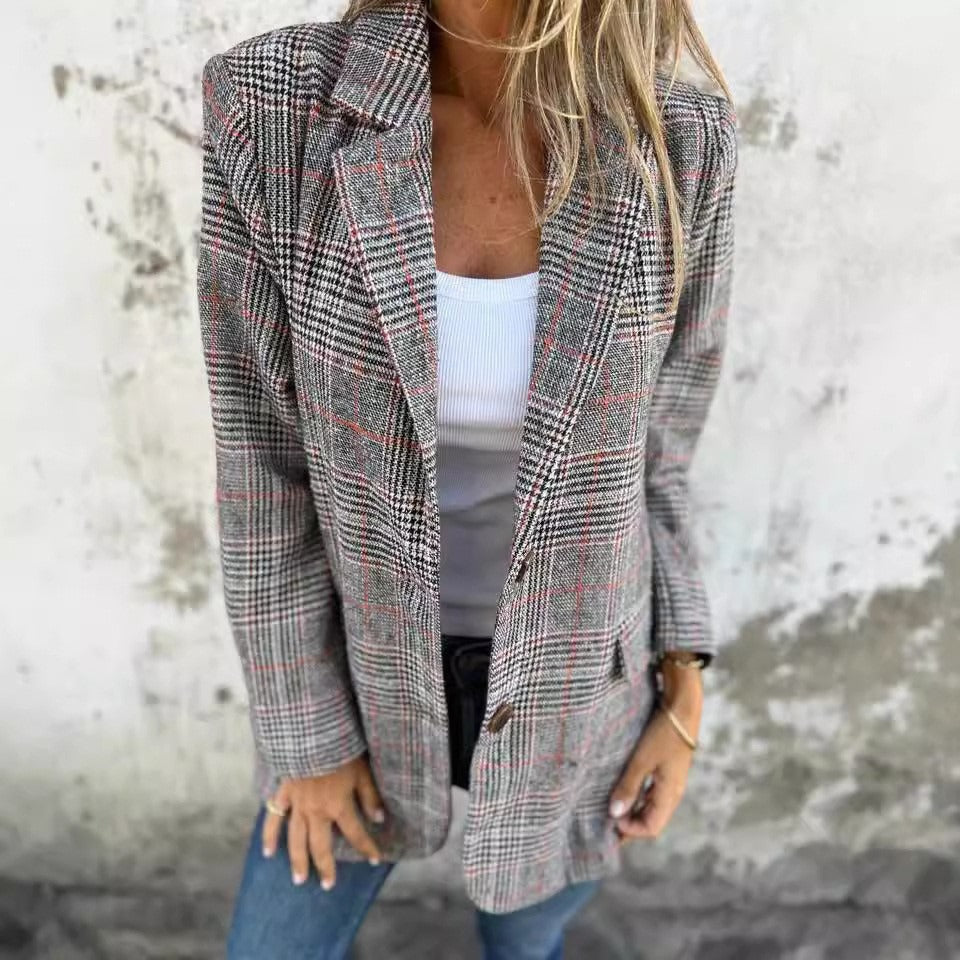 Women’s Cardigan Jacket – Wool Blend – Relaxed Fit – Houndstooth – Lapel Collar