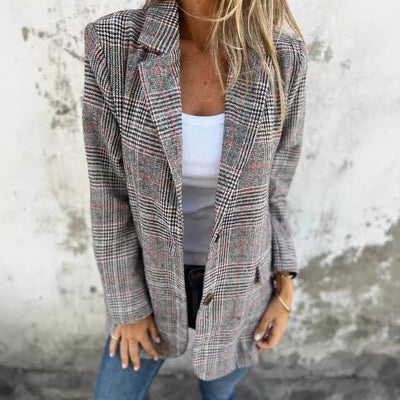 Women’s Cardigan Jacket – Wool Blend – Relaxed Fit – Houndstooth – Lapel Collar