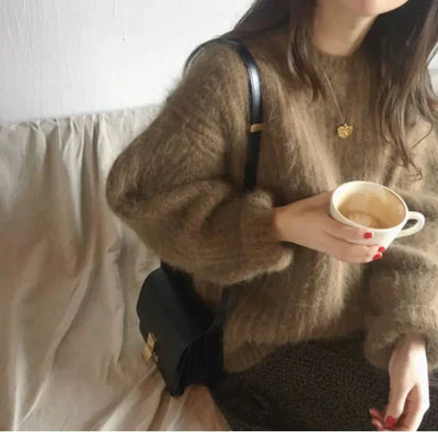 Women’s Pullover Sweater – Mohair Blend – Oversized Fit – Ribbed Knit – Round Neck