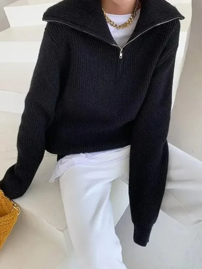 Women’s Pullover Sweater – Wool – Relaxed Fit – High Zip Collar – Ribbed Trim