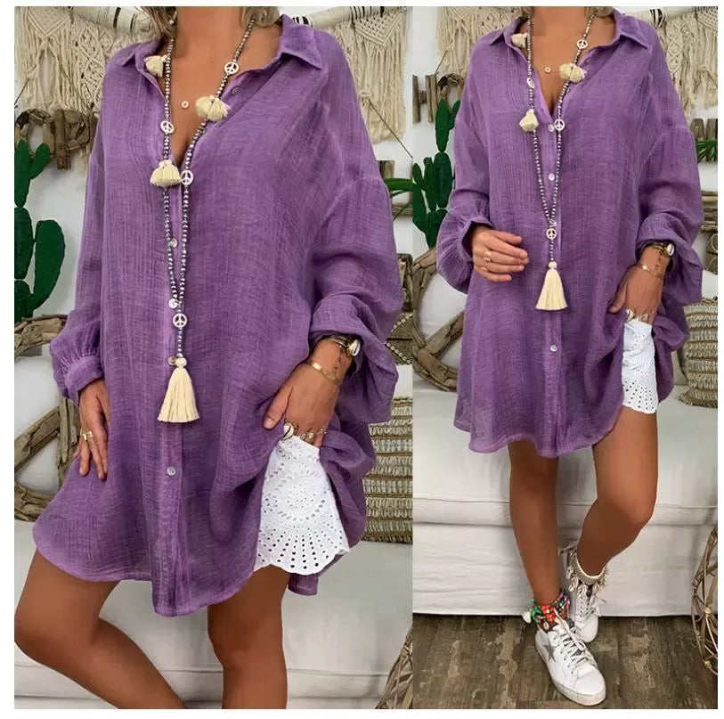 Women’s Blouse – Oversized Fit – Button Up – Long Sleeve – Cotton Linen – Tunic Style