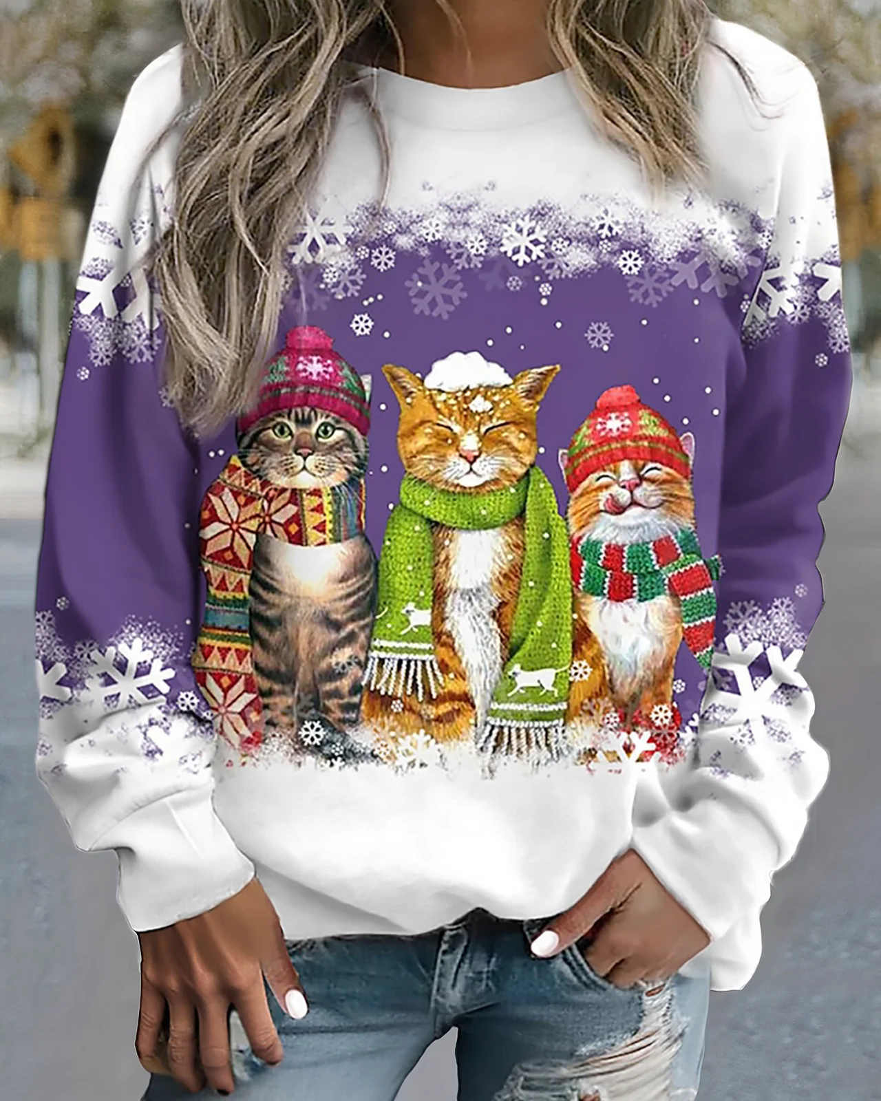 Women’s Knit Sweatshirt – Loose Fit – Graphic Print – Ribbed Cuffs – Casual Style