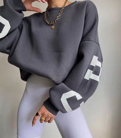 Women’s Oversized Sweatshirt – Cotton Blend – Long Sleeve – Graphic Sleeve Detail