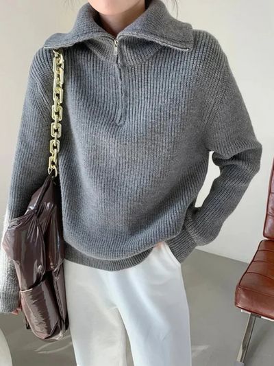 Women’s Pullover Sweater – Wool – Relaxed Fit – High Zip Collar – Ribbed Trim