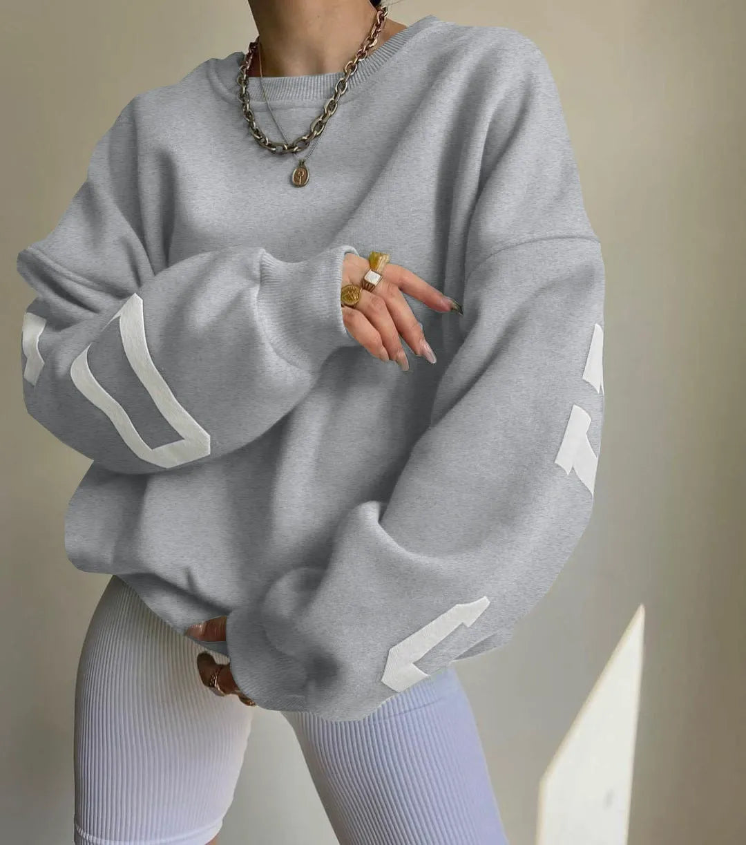 Women’s Oversized Sweatshirt – Cotton Blend – Long Sleeve – Graphic Sleeve Detail
