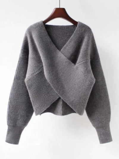 Women’s Oversized Sweatshirt – Knitted Ribbed Texture – V-Neck – Balloon Sleeves