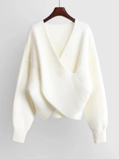 Women’s Oversized Sweatshirt – Knitted Ribbed Texture – V-Neck – Balloon Sleeves