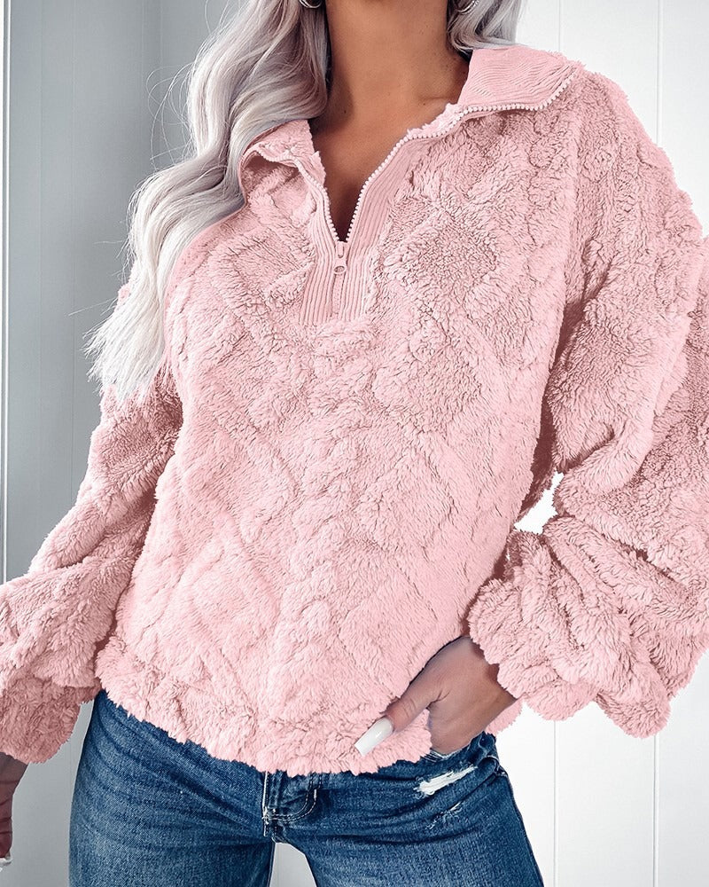Women’s Pullover Sweater – Faux Fur – Relaxed Fit – Quilted – Half Zip – Long Sleeve