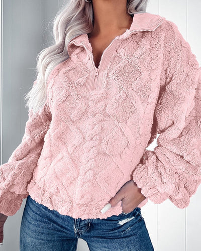 Women’s Pullover Sweater – Faux Fur – Relaxed Fit – Quilted – Half Zip – Long Sleeve