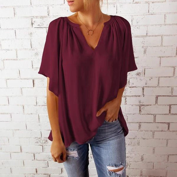 Women’s Blouse – Relaxed Fit – V-Neck – Short Sleeve – Flowy Lightweight Casual Top