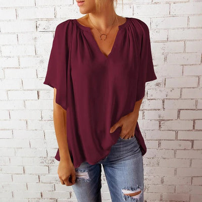 Women’s Blouse – Relaxed Fit – V-Neck – Short Sleeve – Flowy Lightweight Casual Top