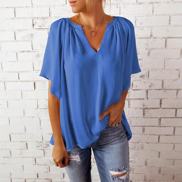 Women’s Blouse – Relaxed Fit – V-Neck – Short Sleeve – Flowy Lightweight Casual Top