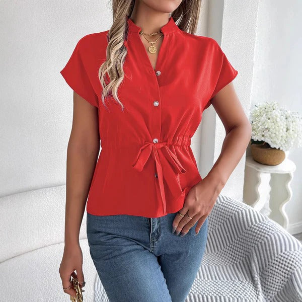 Women’s Blouse – Tailored Fit – Waist Tie – Short Sleeve – Button Front