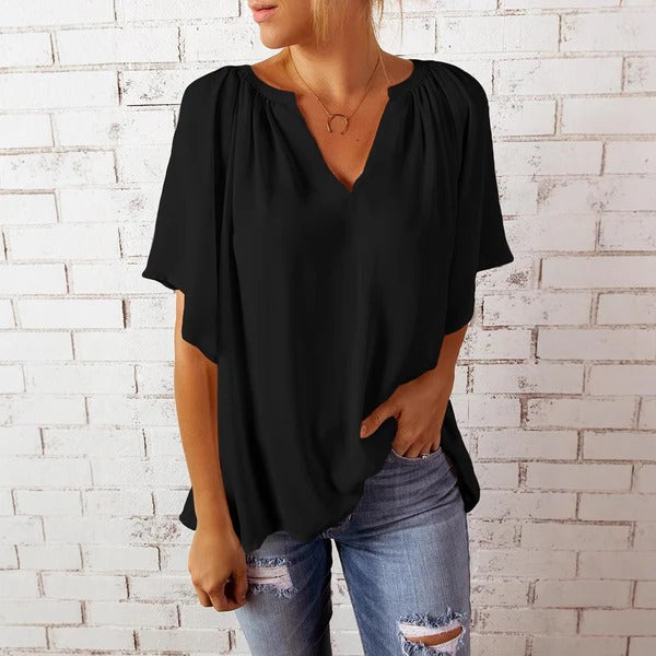 Women’s Blouse – Relaxed Fit – V-Neck – Short Sleeve – Flowy Lightweight Casual Top