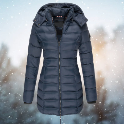 Women’s Puffer Jacket – Slim Fit – Long Length – Quilted Insulation – Detachable Hood