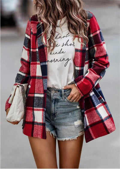 Women’s Cardigan Coat – Oversized Fit – Wool – Plaid Print – Mid Length – Open Front