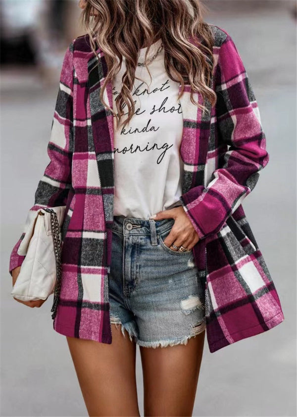 Women’s Cardigan Coat – Oversized Fit – Wool – Plaid Print – Mid Length – Open Front