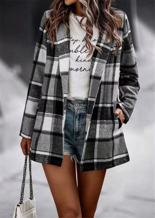 Women’s Cardigan Coat – Oversized Fit – Wool – Plaid Print – Mid Length – Open Front