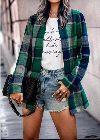 Women’s Cardigan Coat – Oversized Fit – Wool – Plaid Print – Mid Length – Open Front