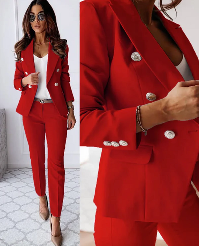 Women’s Suit Set – Tailored Double-Breasted Blazer – Slim Fit High Waist Trousers