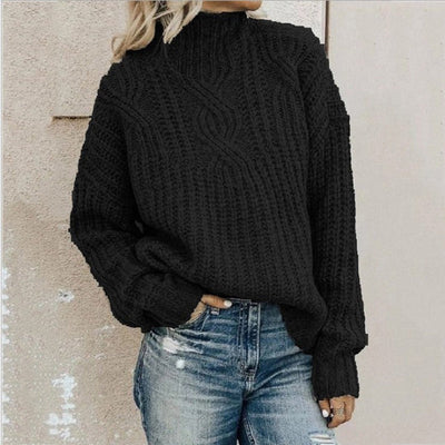Women’s Pullover Sweater – Wool Cable Knit – High Neck – Relaxed Fit – Long Sleeve