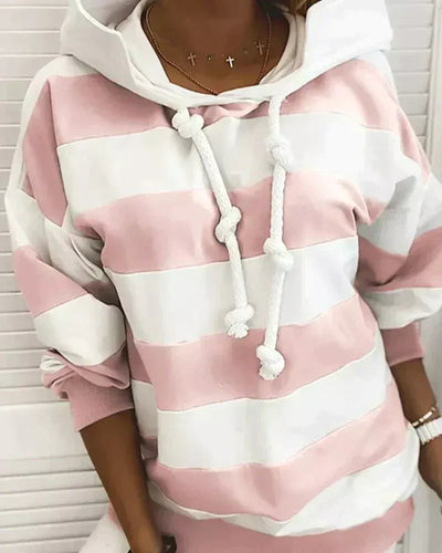 Women’s Hooded Sweatshirt – Oversized Fit – Jersey Knit – Striped – Knotted Drawstring