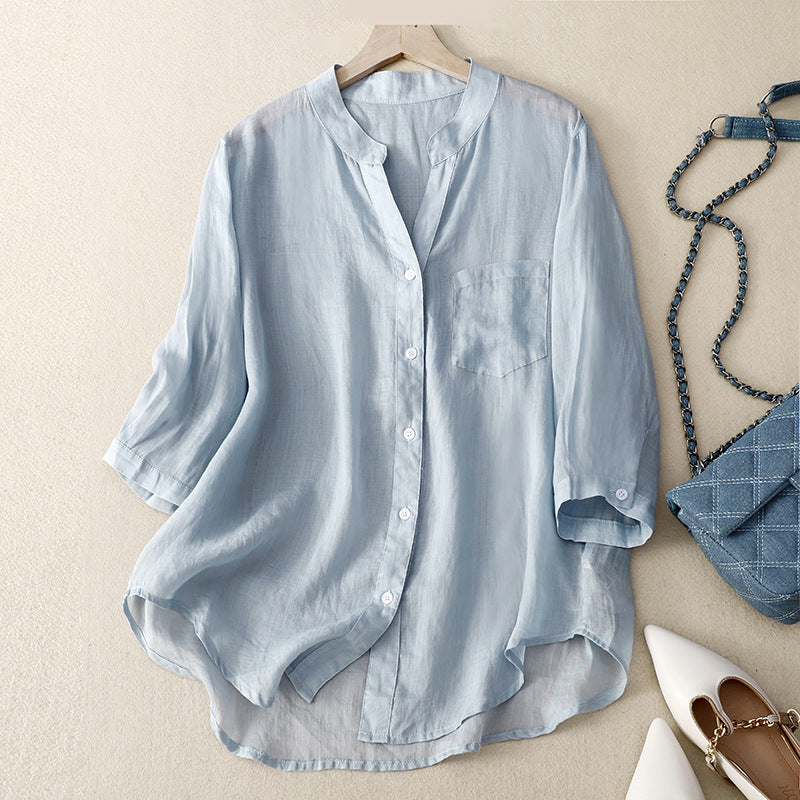 Women's casual button-down 3/4 sleeve cotton blouse