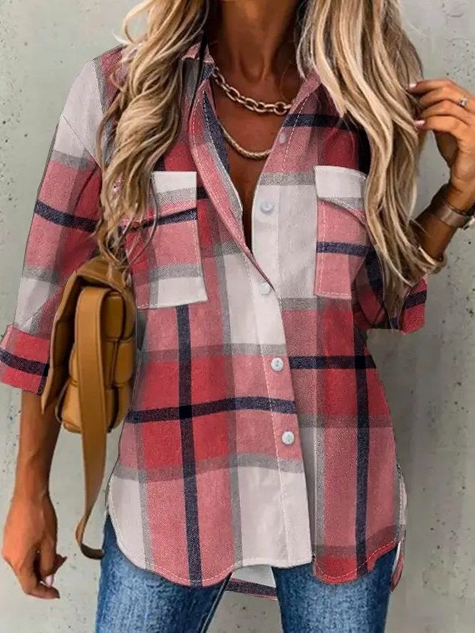 Women’s Blouse – Plaid Button Down – Loose Fit – Long Sleeve – Breathable Blend