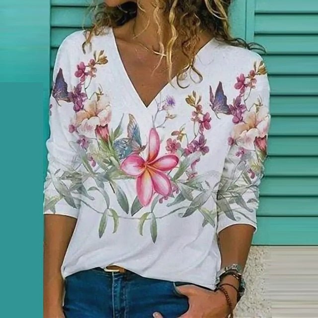 Women’s Blouse – Loose Fit – V-Neck – Breathable Blend – Abstract Floral Print