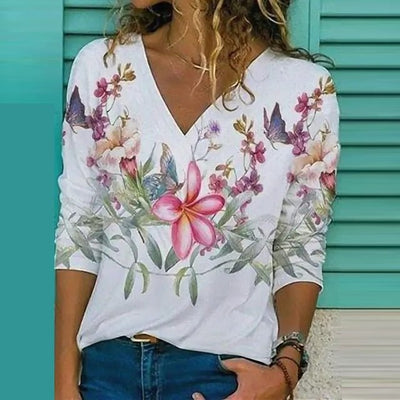 Women’s Blouse – Loose Fit – V-Neck – Breathable Blend – Abstract Floral Print