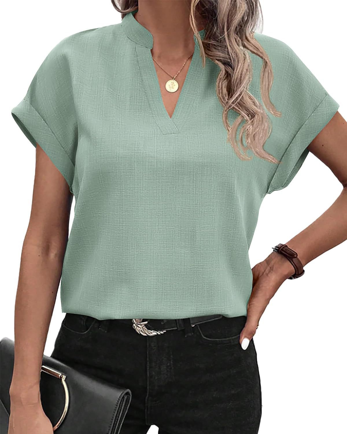 Women's Blouse - Loose Fit - V-Neck - Short Sleeve Lightweight Casual Wear