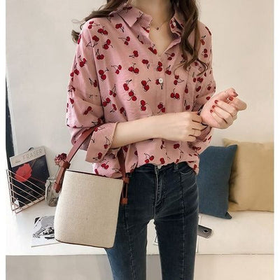 Women's Blouse - V-Neckline - Long Sleeve Lightweight Casual Wear - Cherry Print