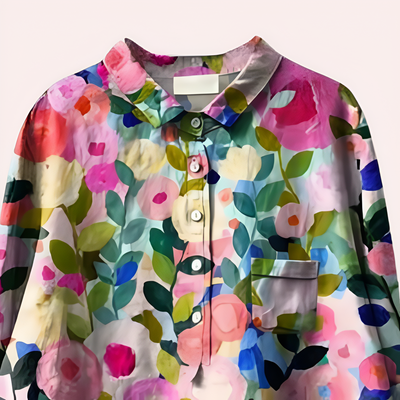Women’s Blouse – Relaxed Fit – Floral Print – Natural Fibers – Button Front Collar