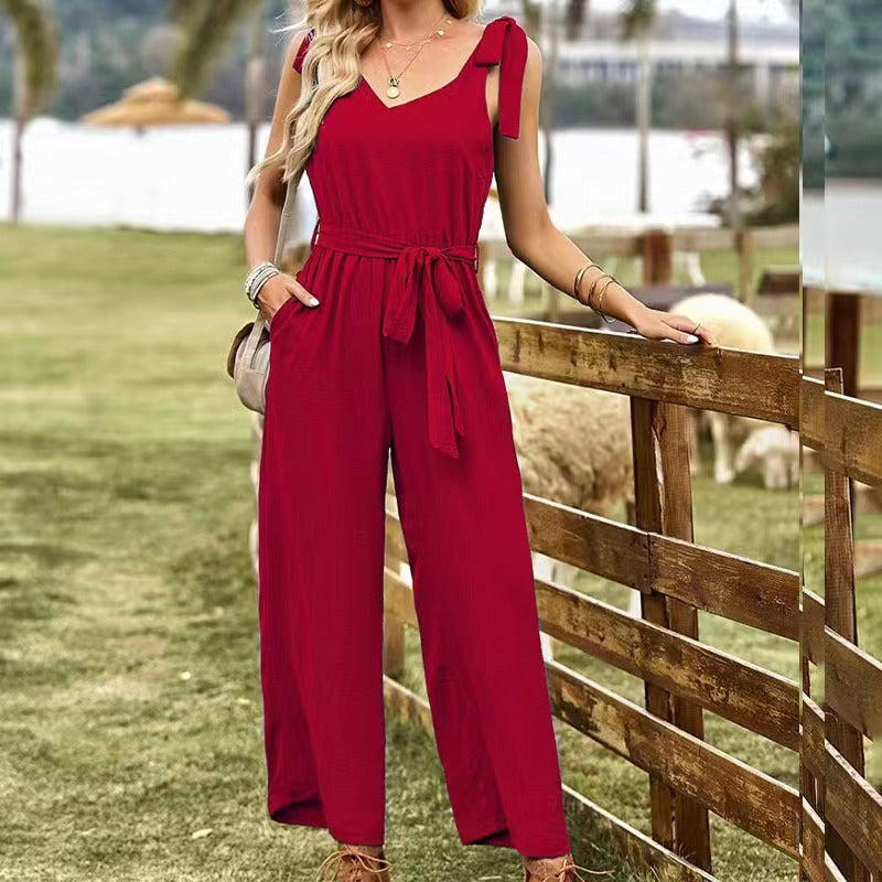 Women's Jumpsuit - V-Neck with Tie Belt - Sleeveless with Ruffle Detail - Relaxed Fit