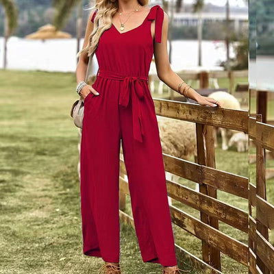 Women's Jumpsuit - V-Neck with Tie Belt - Sleeveless with Ruffle Detail - Relaxed Fit