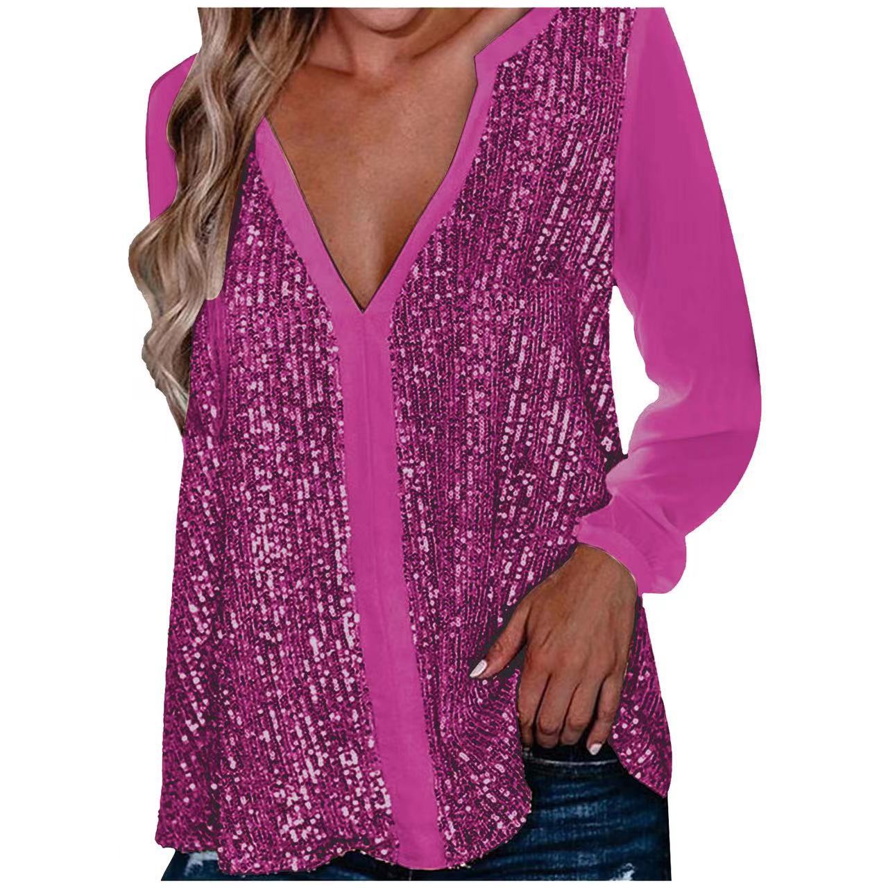 Long Sleeve Sequin V-Neck Blouse