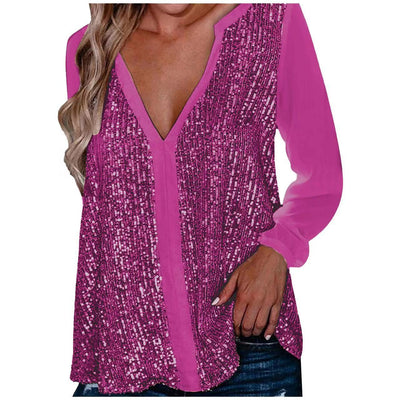 Long Sleeve Sequin V-Neck Blouse