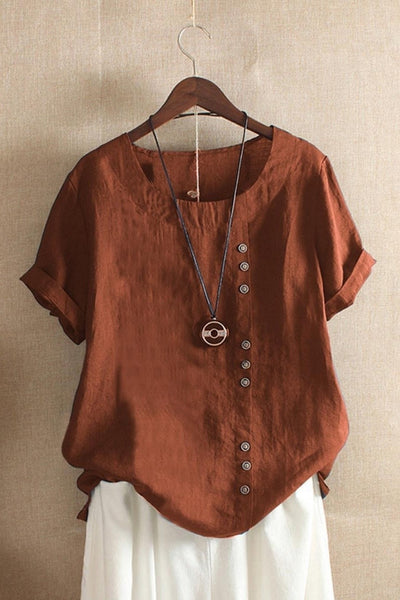 Women’s Blouse – Relaxed Fit – Natural Fibers – Round Neck – Short Sleeve – Button Detail