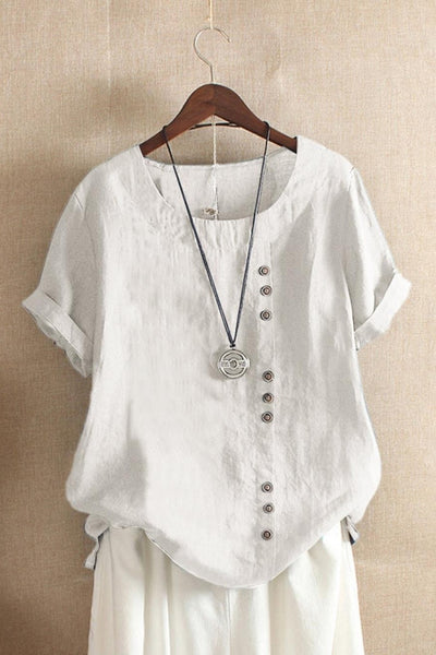 Women’s Blouse – Relaxed Fit – Natural Fibers – Round Neck – Short Sleeve – Button Detail